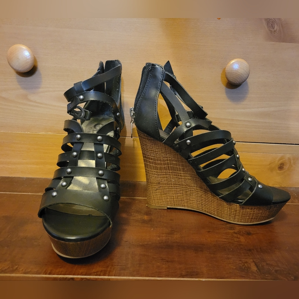 GBG Guess. Black strappy wedges. Size 5.5